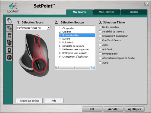 Logitech SetPoint - Paramètres des boutons