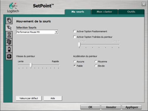 Logitech SetPoint - Paramètres du pointeur