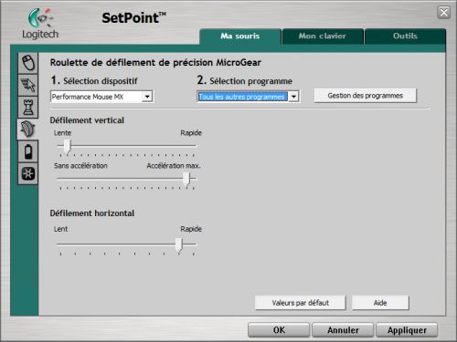 Logitech SetPoint - Paramètres de la molette
